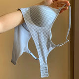 Japanese Checkered Crop Top Bra Small Bust Anti-Sagging Wirefree Pure Cotton Bralette Beachwear Light Support Set S-XL AU MOYISU