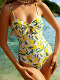 2026 New Lemon Printed Knotted One Piece Swimsuit Women Swimwear Female Monokini High Leg Cut Bather Bathing Suit Swim K6093