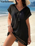 New V Neck Short Sleeve Solid Crochet Knitted Tunic Beach Cover Up Cover-ups Beach Dress Beach Wear Beachwear Female Women V7914