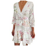 Dresses For Formal Occasions Womens Fashion V Neck Lace Jacquard Seven Quarter Sleeve Bohemian Floral Dress Sexy Beach Sundress