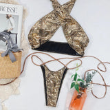 Snake Skin Mini Micro Thong Bikini Women Swimwear Female Swimsuit Two Pieces Bikini Set Halter Wrap Around Bathing Suit Swim