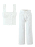 Foridol Hollow Out Cotton Women's 2 Pieces Set White Summer Pants Set Embroidery Top Pants Suit Matching Set Beach Casual Pants