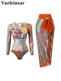 S - XXL Printed Long Sleeve With Sarong One Piece Swimsuit Women Swimwear Female Flowers Padded Bather Bathing Suit Swim V7181