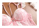 MOYISU Rhinestone Lace Corset Bra Set Pink Halter Bustier Slim-Fit Waist Trainer Sexy Lingerie for Women Party Wedding Outerwear