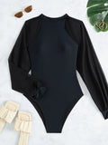 2026 Black Contrast Mesh Swimsuit One Piece Long Sleeve Swimwear Women Bathing Suit Female Swimming Summer Beachwear Bodysuit
