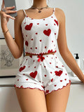 Summer Casual Sleepwear Heart Printed Pajama Set for Women Backless Crop Cami Top and Shorts Set Lounge Pijamas