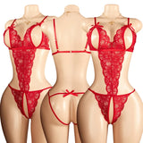 Sexy Red Crotchless Lingerie Open Back Bras BodySuits Transparent Erotic Costumes Deep V  Sexy Lace Fishnet Hollow Underwear Set