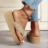 Straw Rope Weave Wedge Flip Flops Women Lightweight Thick Bottom Beach Slippers Woman 2025 Summer Clip Toe Platform Sandals