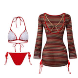 S - XL Striped Long Sleeve Cover Up Bikini Female Swimsuit Women Swimwear Bather Bathing Suit Swim Three-pieces Bikini set K8128
