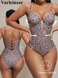 S - XL Printed Underwired V Neck Women Swimwear One Piece Swimsuit Female Lace Up High Leg Cut Bather Bathing Suit Swim V7552