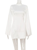 Ahagaga Eelgant Mini Dresses For Women Solid Long Flare Sleeves Turtleneck Sheath Satin Fashion Split Party Slim Fit Female Robe
