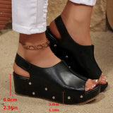 Black Pu Leather Wedge Heel Sandals Women Rivets Back Strap Platform Sandles Woman Plus Size 43 Thick Sole Rome Sandalias Mujer