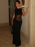 Woman's Elegant Sleeveless Lace Patchwork Evening Dress Black High Street O-neck Backless Hollow Out Slim Long Party Dresses