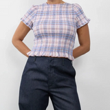 Women Casual Summer Plaid Print Shirred Tops Slim Mock Neck Short Sleeve Crop Ruffle T-shirts Streetwear
