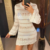 S - XL Long Sleeve Hollow Out Crochet Knitted Tunic Beach Cover Up Cover-ups Beach Dress Beach Wear Beachwear Female Women K5542
