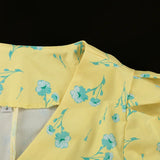 FDYOUI 2026 Summer V-neck Short Sleeve Floral Print Yellow Party Dress Women Single Breasted Lace-up Slim Long Vacation Dresses