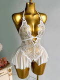 Elegant Lace Halter Neck Teddy Bodysuit With Bow Detail And Ruffled Hem Sexy Women's Lingerie