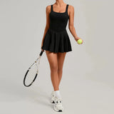 New Large Backless Tennis Dresses Women Solid Color Sleeveless Glare Pleated Yoga Skirt with Pocket Shorts Running Fitness Dress