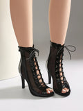 Plus Size Women Patent Leather Mesh Spliced Ankle Boots Back Zipper Peep Toe Lace Up Stiletto High Heels Hollow Out Summer Booti