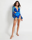 One Piece Swimsuit Sexy Long Sleeve Tropical Print Swimwear Women Bandage Monokini Hollow Out Bathing Suit String Beachwear 2023