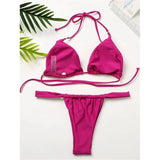 PU Pleated Ruched Bikinis Mini Micro Thong Bikini Women Swimwear Female Swimsuit Two-pieces Bikini Set Halter Bathing Suit Swim