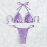Purple Velvet Leopard Swimsuit Sexy String Halter Triangle Bikinis Sets De Mujer Micro Thong Swimwear Women Bikinis Bathing Suit