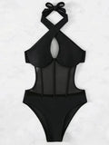 Halter Mesh Sheer Underwired One Piece Swimsuit Women Swimwear Female Backless Hollow Out Monokini High Cut Bathing Suit Swim