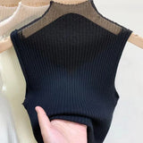 Mesh Knitted Top Women Y2K Tank Top Half Neck Vest Female Sleeveless Sweater Chic Cut Out Streetwear Solid Skinny Tube Top