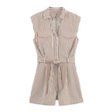 Women's Belted Striped Shorts Jumpsuit Women Striped Sleeveless Button Down Belted Pocket Detail Casual Jumpsuit For Summer 9X2T