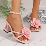 Pink Flower Thick Heeled Sandals Women Elegant Square Toe Party Wedding High Heel Shoes Woman Plus Size 43 Summer Sandalias
