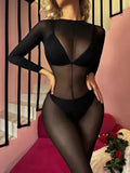 1pc Solid Color Sexy Women's Lingerie, High Stretch Sheer Thin Bodystocking, -Apart Charming Jumpsuit
