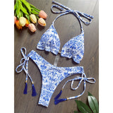 Sexy Flowers Printed Halter Brazilian Bikini Female Swimsuit Women Swimwear Two-Pieces Bikini Set Bather Bathing Suit Swim V6070