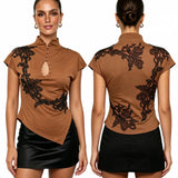 Women's Cheongsam Tops Mock Neck Short Sleeve Lace Patchwork  Blouse Chinese Style Keyhole Summer Shirts