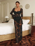 Sexy see-through lace jumpsuit fishbone tight long-sleeved black hottie dress
