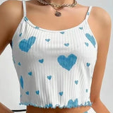 Heart Print Ribbed Frill Trim Pajama Set, Cute Bow Notched Neck Cross Strappy Backless Crop Cami Top & Elastic Shorts, Women's