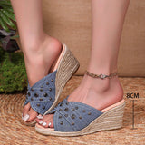 Fashion Denim Chunky Wedge Sandals Women 2025 Rivets Decor High Heels Slippers Woman Peep Toe Thick Bottom Sandles Plus Size 43