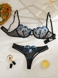 BlackBlue Embroidered Floral Lingerie Set - Sexy Bra And G-string Combo with Heart Decoration Underwear Set for Women ZA824027