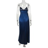 Elegant Strapless Solid Evening Gown Chic Satin Corset Dress for Women V-neck Split Blue Long Dress Lady Summer Party Dress up