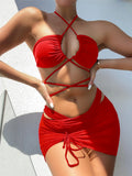 3 Pieces Criss Cross Halter Bikini 2026 Women & Beach Skirt Swimwear Female Sexy Swimsuit Beachwear Bathing Swimming Suit