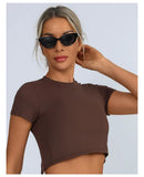 Yoga Short Sleeved T-shirt Women Hollow Back Bandage Tie Cross Sports Tank Top with Chest Gym Running Active Wear Fitness Shirts