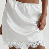 Women Summer Solid Color Satin Skirt Low Elastic Waist Lace Patchwork Hem Casual Loose Going Out Mini Skirts