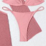 With Long Sleeve Cover Up Halter Bikini Women Swimwear Female Swimsuit Three-pieces Bikini set Bather Bathing Suit Swim V5123
