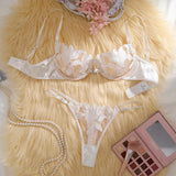 White embroidered print pajama set - A set featuring a floral design suitable for women, a sexy bra ZA824031