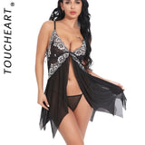 Toucheart Sexy Lingerie Set Women's Lace Nightgown Mesh See-through Suspender Dress Lace Patchwork Sexy Ultra Thin Pajama Set
