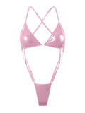 Shiny PU Leather Criss Cross Backless One Piece Swimsuit Women Swimwear Female High Cut Monokini Micro Thong Bathing Suit Swim