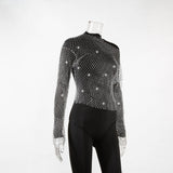 Women Rhinestone Fishnet T-shirt Solid Color Long Sleeve Crop Tops See Through Hollow Out Sexy Shirts Female Smock Tops