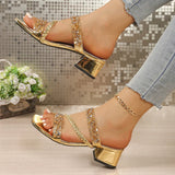 Luxury Gold Thick Heeled Sandals Women Summer Plus Size Square Toe Crystal Sandles Woman Fashion Slip On High Heel Party Shoes