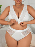 Plus Size Front Closure Lingerie Set, Unpadded Lace Open Back Wireless Full Bust Support Bra