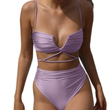 V Neck Wrinkled Stain Bikinis Female Swimsuit High Waist Bikini Women Swimwear Two-pieces Bikini Set Bather Bathing Suit Swim