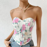 Summer Women Floral Y2K Crop Tops Printed Sleeveless Fishbone Corset Woman Sexy Backless Slim Strapless Streetwear Camisole